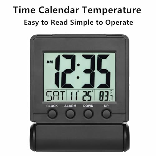 FAMICOZY Small Folding Digital Travel Alarm Clock with Day/Month/Date/Indoor Temperature,Easy to Read and Set,High/Low Alarm Volume,9 Min Snooze,Backlight on Demand,Bedside Calendar Alarm Clock,Black - Image 2