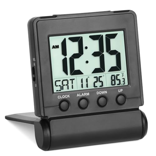 FAMICOZY Small Folding Digital Travel Alarm Clock with Day/Month/Date/Indoor Temperature,Easy to Read and Set,High/Low Alarm Volume,9 Min Snooze,Backlight on Demand,Bedside Calendar Alarm Clock,Black - Image 1