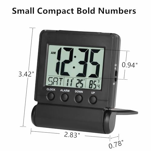 FAMICOZY Small Folding Digital Travel Alarm Clock with Day/Month/Date/Indoor Temperature,Easy to Read and Set,High/Low Alarm Volume,9 Min Snooze,Backlight on Demand,Bedside Calendar Alarm Clock,Black - Image 3
