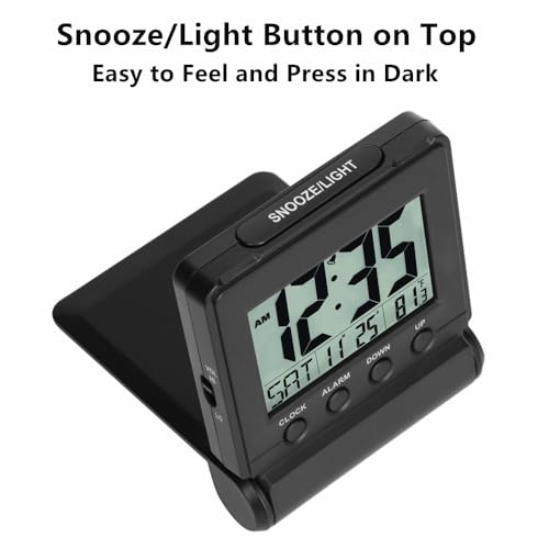 FAMICOZY Small Folding Digital Travel Alarm Clock with Day/Month/Date/Indoor Temperature,Easy to Read and Set,High/Low Alarm Volume,9 Min Snooze,Backlight on Demand,Bedside Calendar Alarm Clock,Black - Image 5