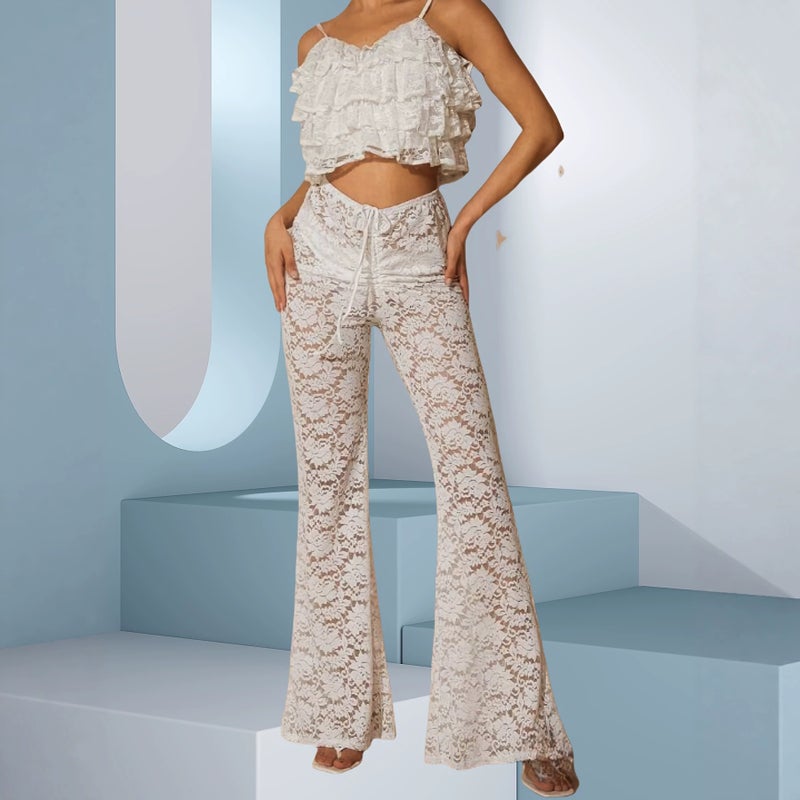 European American Style Lace Wide Leg Pants High Waist Flared Vacation Trousers for Women - Image 3