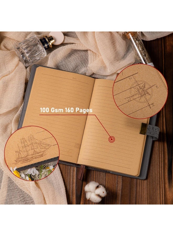 Excefore دفتر ملاحظات جلد عتيق مع قفل، مفكرة صلبة قابلة للتجديد بحجم A5 للرجال والنساء - مخطط للعمل، المدرسة، الكتابة الإبداعية، السفر، دفتر النقاط - هدية صديقة للبيئة - Image 3