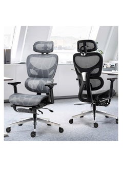 Ergonomic Office Chair, Height and Headrest Adjustable Mesh Desk Chair with Lumbar Support Footrest and Wheels for Work and Study, High Back Swivel Computer Chair for Home and Office, K80G (Grey)