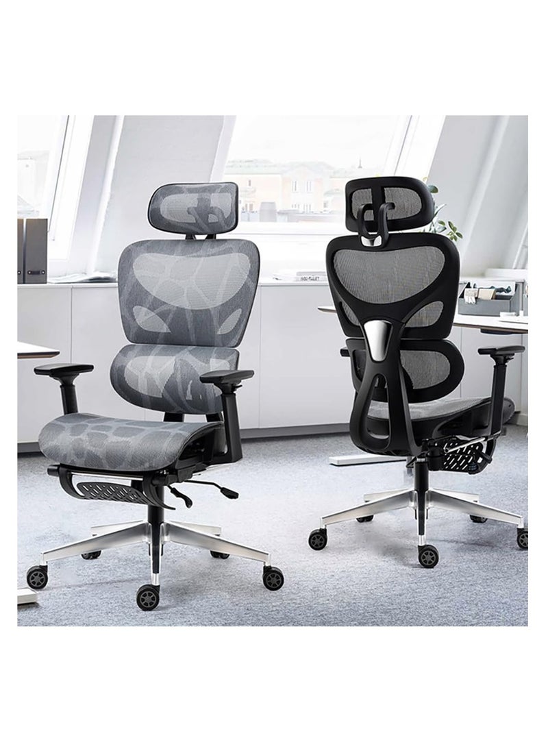 Generic - Ergonomic Office Chair, Height and Headrest Adjustable Mesh Desk Chair with Lumbar Support Footrest and Wheels for Work and Study, High Back Swivel Computer Chair for Home and Office, K80G (Grey) - Image 1