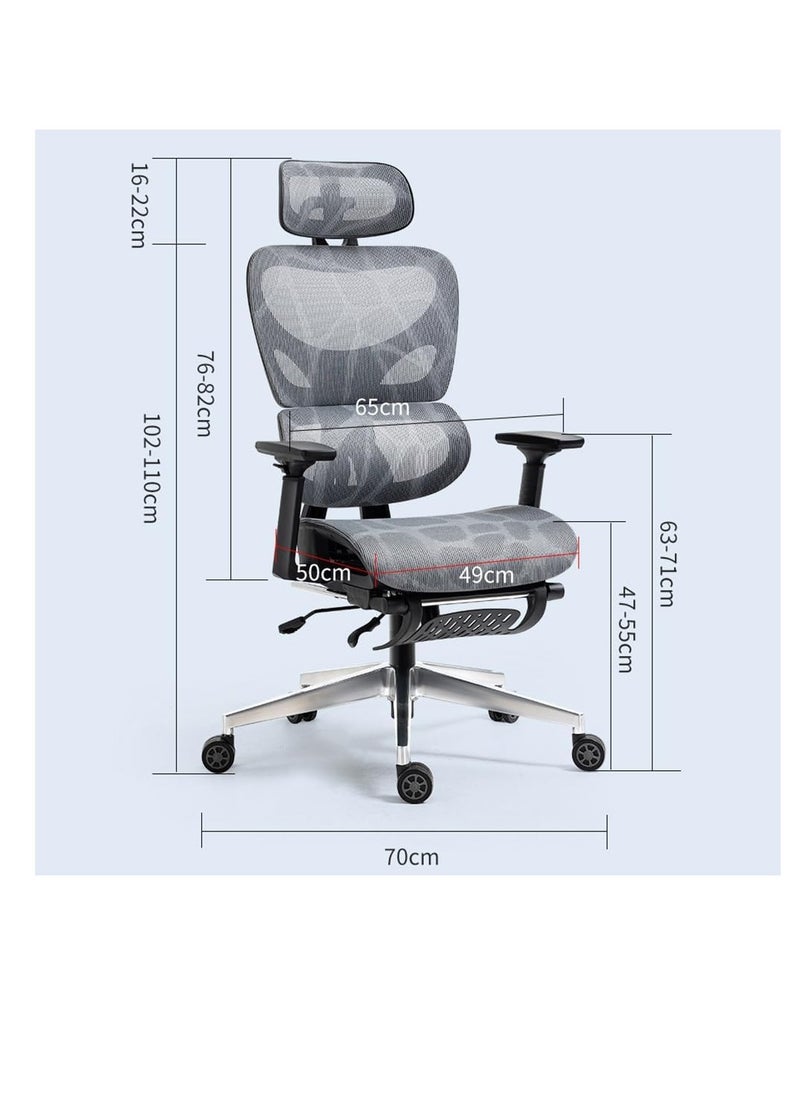 Generic - Ergonomic Office Chair, Height and Headrest Adjustable Mesh Desk Chair with Lumbar Support Footrest and Wheels for Work and Study, High Back Swivel Computer Chair for Home and Office, K80G (Grey) - Image 1