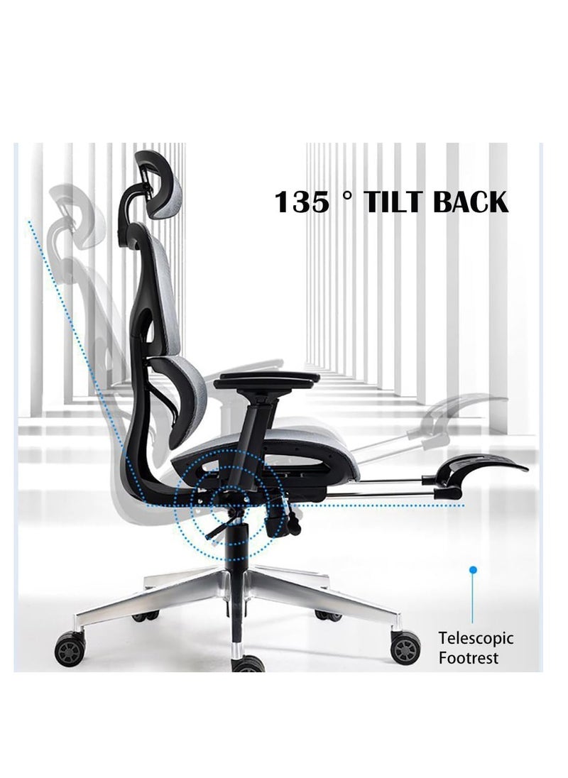 Generic - Ergonomic Office Chair, Height and Headrest Adjustable Mesh Desk Chair with Lumbar Support Footrest and Wheels for Work and Study, High Back Swivel Computer Chair for Home and Office, K80G (Grey) - Image 1