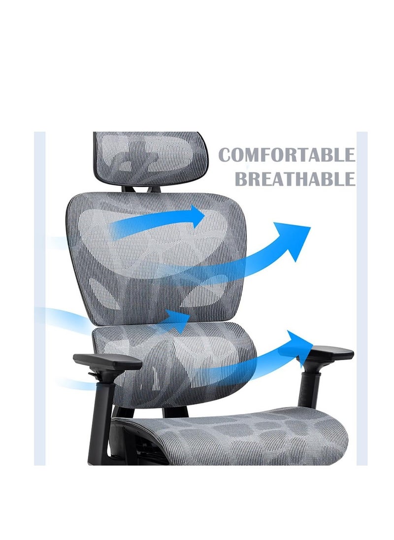 Generic - Ergonomic Office Chair, Height and Headrest Adjustable Mesh Desk Chair with Lumbar Support Footrest and Wheels for Work and Study, High Back Swivel Computer Chair for Home and Office, K80G (Grey) - Image 1