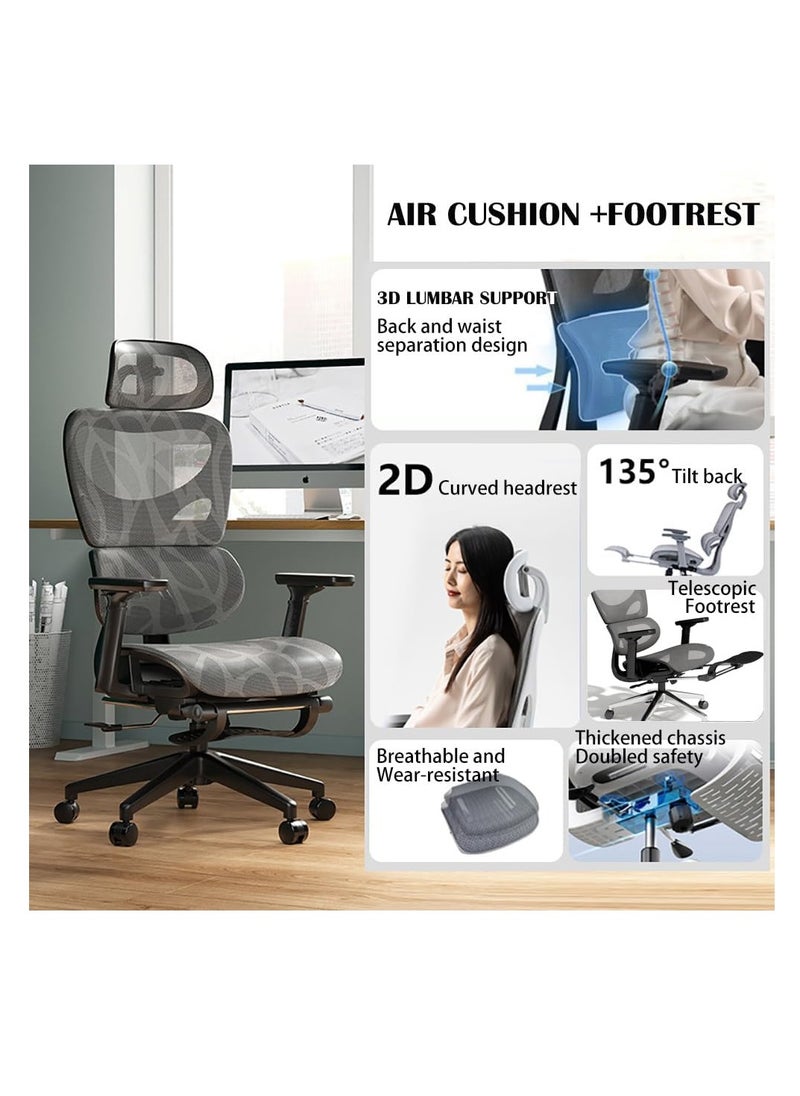 Generic - Ergonomic Office Chair, Height and Headrest Adjustable Mesh Desk Chair with Lumbar Support Footrest and Wheels for Work and Study, High Back Swivel Computer Chair for Home and Office, K80G (Grey) - Image 1
