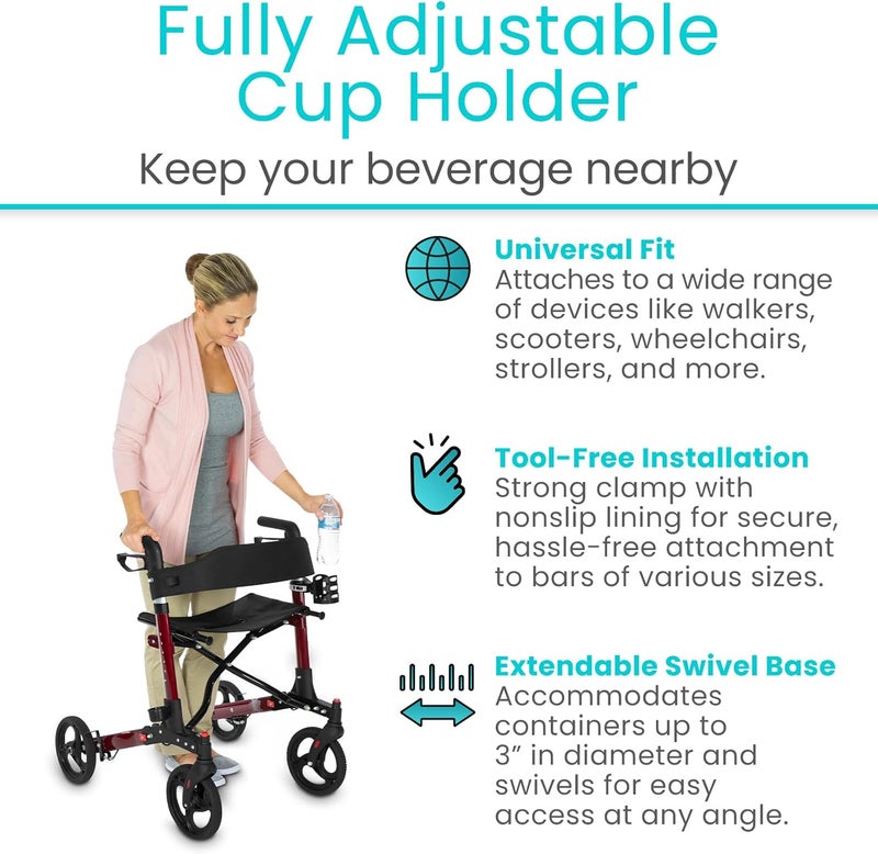 Vive Cup Holder for Walker Wheelchair Accessories Stroller Adults Bike Boat Desk Mobility Scooter Rollator Electric Wheel Chair  Portable Adjustable Cupholder Attachment Near Universal Fit - Image 2