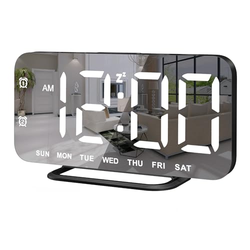 Slim LED Digital Alarm Clock Mirror Surface for Makeup with Diming Large Display Easy Setting USB Ports Modern Decor for Bedroom Desk Idea Holiday Gift for Women Sister College Girl Black