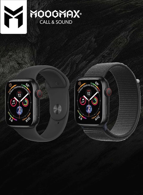 MoogMax smartwatch compatible with Apple and Android devices. Black color, unisex design, includes two straps and a screen protector. Built-in speaker for clear calls and voice communication. Smartwatch with call feature, water-resistant. Suitable for men and women. Galaxy watch style, Huawei watch alternative, full-featured wearable for everyday use.