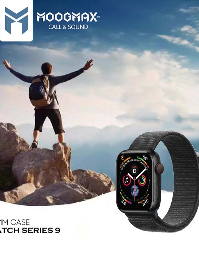 MoogMax smartwatch compatible with Apple and Android devices. Black color, unisex design, includes two straps and a screen protector. Built-in speaker for clear calls and voice communication. Smartwatch with call feature, water-resistant. Suitable for men and women. Galaxy watch style, Huawei watch alternative, full-featured wearable for everyday use.
