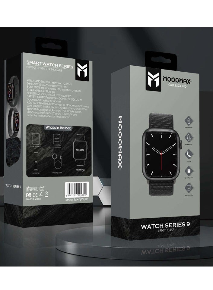 MoogMax smartwatch compatible with Apple and Android devices. Black color, unisex design, includes two straps and a screen protector. Built-in speaker for clear calls and voice communication. Smartwatch with call feature, water-resistant. Suitable for men and women. Galaxy watch style, Huawei watch alternative, full-featured wearable for everyday use.