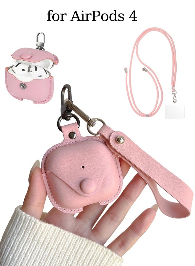 Genuine Leather Case for AirPods 4 - Stylish Shockproof Cover with Adjustable Neck Lanyard & Detachable Wrist Strap, Secure Lock Clasp - Travel-Friendly Pink Protective Case for Women Girls - Image 1