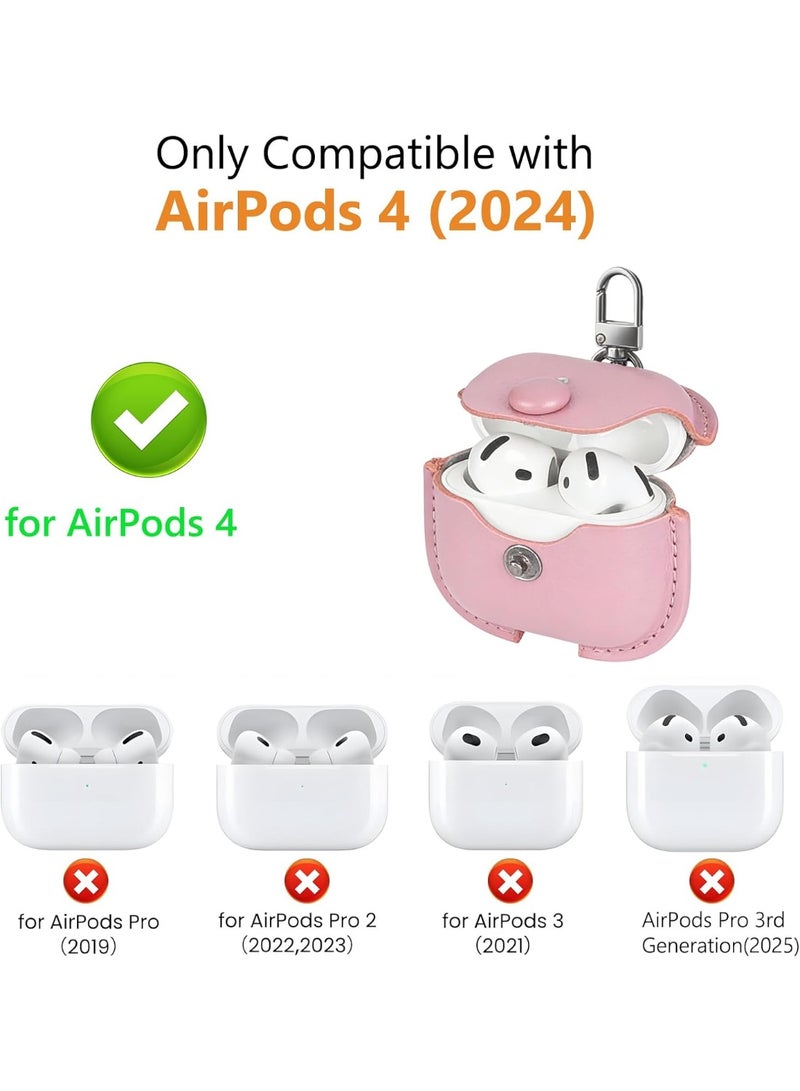 Genuine Leather Case for AirPods 4 - Stylish Shockproof Cover with Adjustable Neck Lanyard & Detachable Wrist Strap, Secure Lock Clasp - Travel-Friendly Pink Protective Case for Women Girls - Image 2