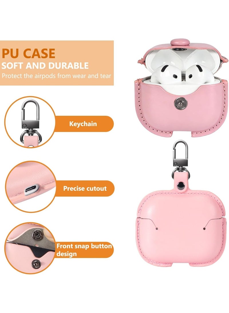 Genuine Leather Case for AirPods 4 - Stylish Shockproof Cover with Adjustable Neck Lanyard & Detachable Wrist Strap, Secure Lock Clasp - Travel-Friendly Pink Protective Case for Women Girls - Image 3
