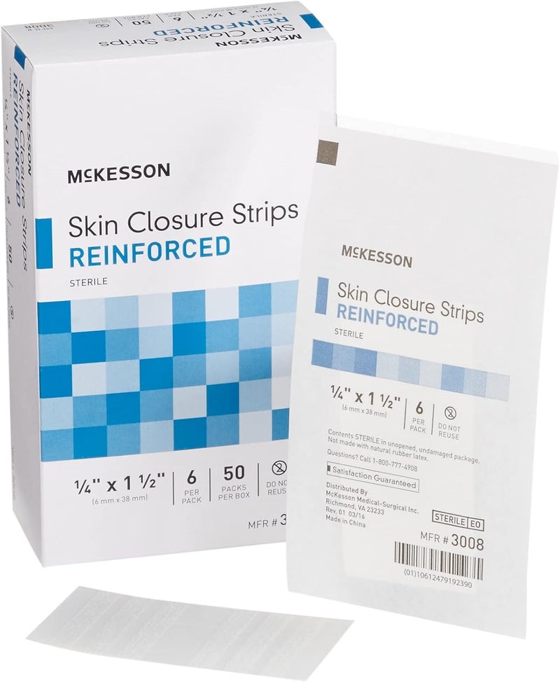 McKesson Skin Closure Adhesive Strips Reinforced Steri Strip for Wound Care 14 in x 1 12 in 6 Per Pack 50 Packs 300 Total - Image 1