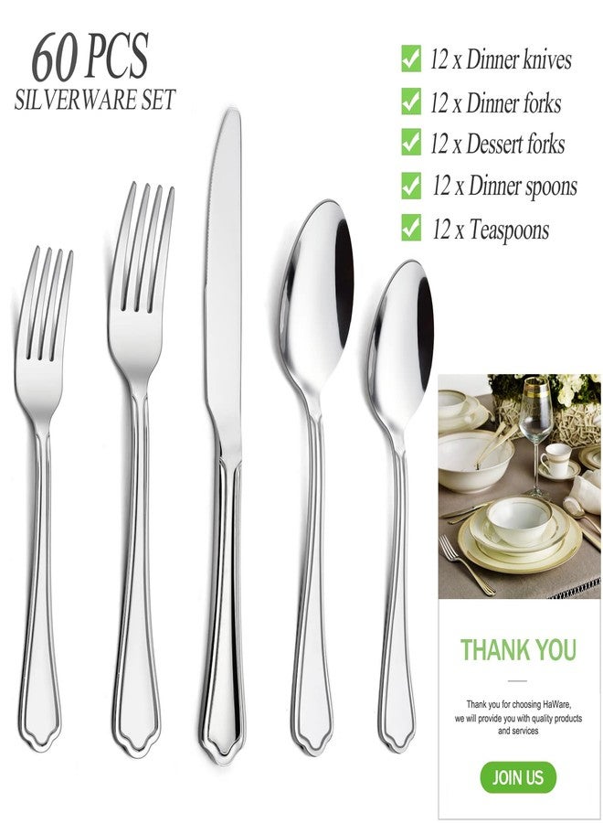 HaWare 60-Piece Silverware Set for 12, Stainless Steel Flatware Cutlery Eating Utensils, Modern Design with Crown Edges for Home Kitchen Hotel, with Knives Forks Spoons, Dishwasher Safe - Image 2