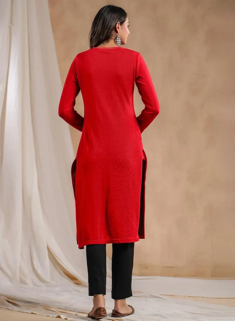 آي شين Women's Red 100% Cotton Printed Tunic Regular Fit Kurta