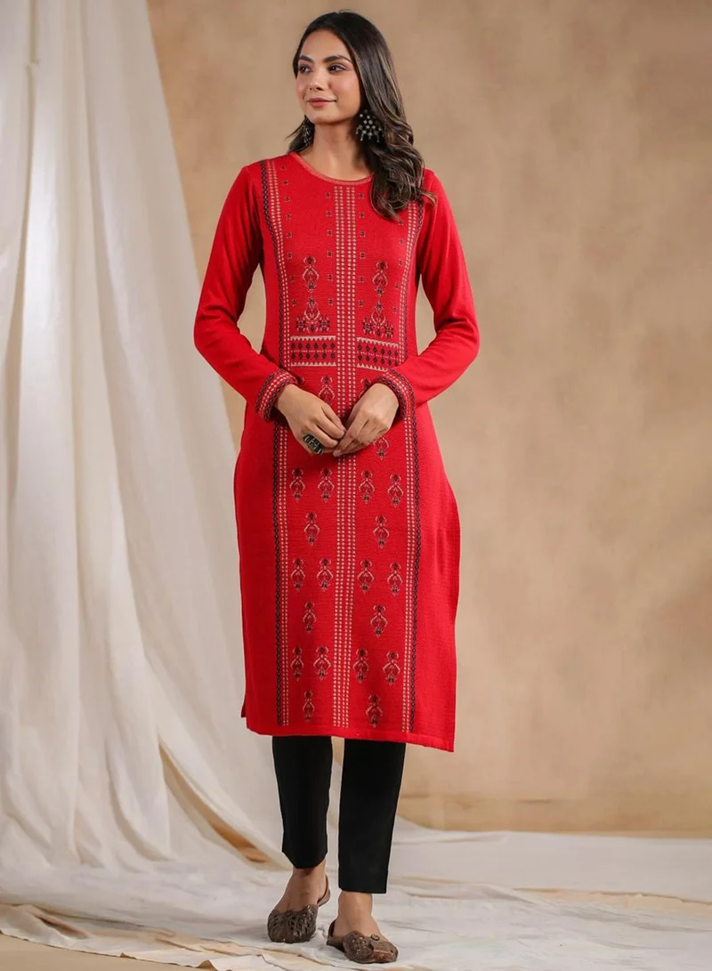 آي شين Women's Red 100% Cotton Printed Tunic Regular Fit Kurta