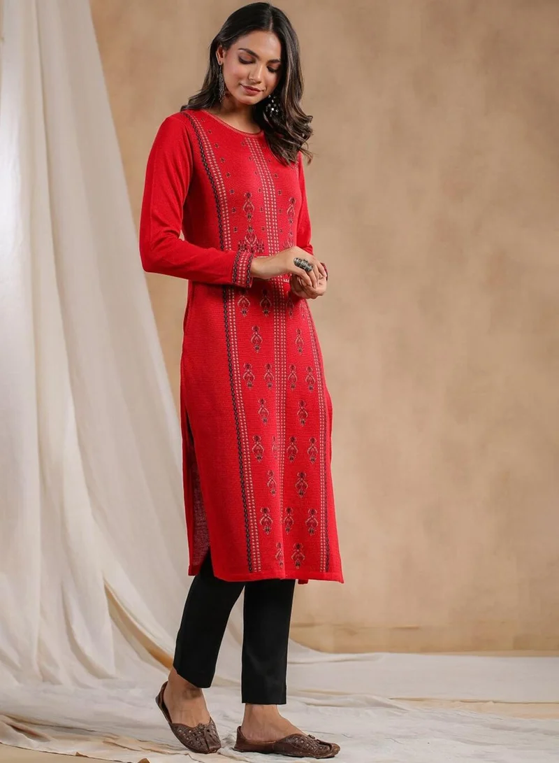 آي شين Women's Red 100% Cotton Printed Tunic Regular Fit Kurta