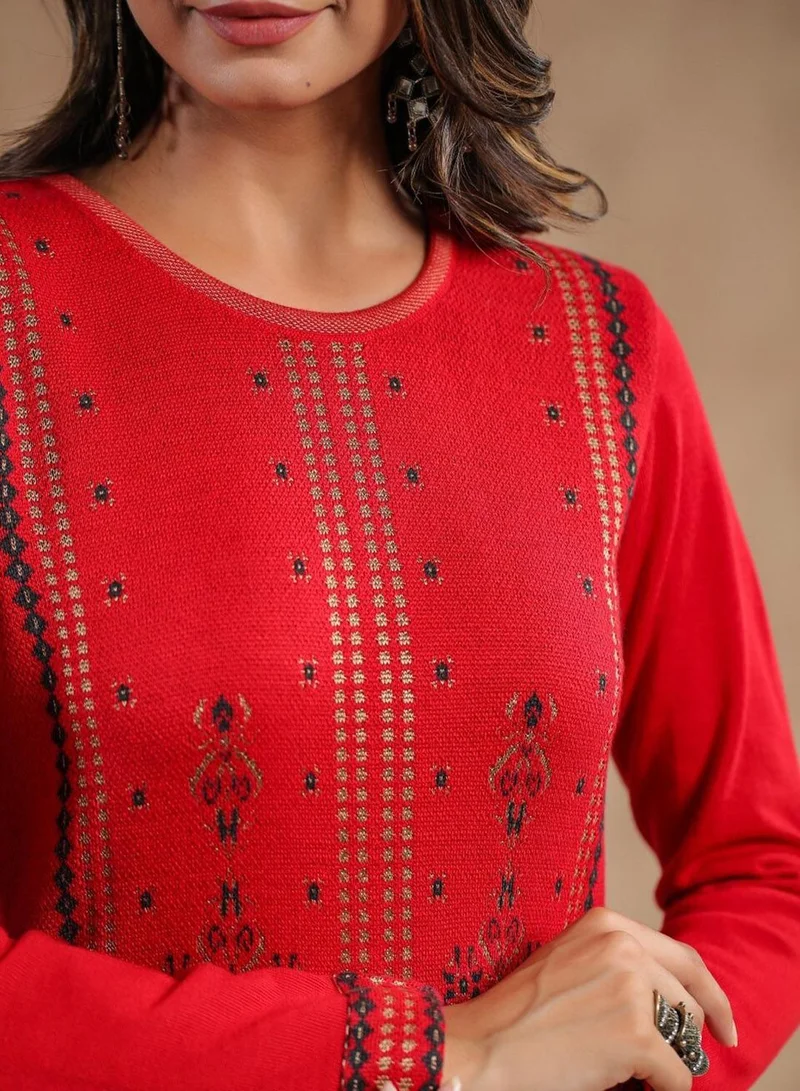 آي شين Women's Red 100% Cotton Printed Tunic Regular Fit Kurta