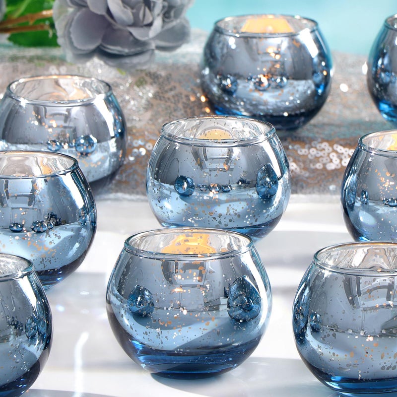 LAMORGIFT 24 Pcs Blue Votive Candle Holders Bulk Blue Tealight Candle Holders for Wedding Decor Mercury Glass Votives for Bridal Shower Baby Shower Table Centerpieces