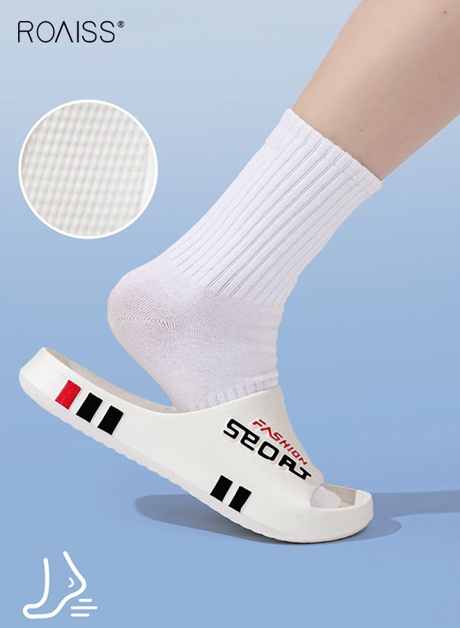 رويس نعال محايدة اللون غير قابلة للانزلاق، للاستخدام الداخلي المنزلي، مضادة للانزلاق، حمام، دش، أحذية خالية من الروائح، ملابس خارجية للزوجين، صنادل مسطحة مخططة أنيقة جديدة مع بطانة ناعمة، أبيض - Image 4