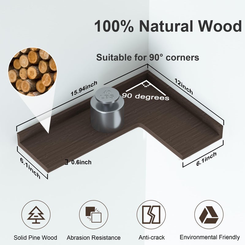 Ecowillon 4 Tier Corner Floating Shelves Set of 4, Rustic Pine Corner Shelves for Wall Storage and Decor, L-Shaped Corner Wall Mounted Shelf for Bedroom, Living Room, Bathroom, Kitchen â€“ Dark Brown - Image 2
