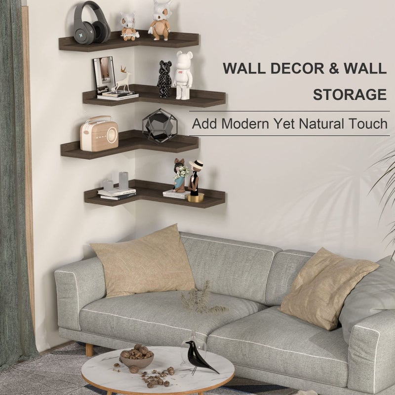 Ecowillon 4 Tier Corner Floating Shelves Set of 4, Rustic Pine Corner Shelves for Wall Storage and Decor, L-Shaped Corner Wall Mounted Shelf for Bedroom, Living Room, Bathroom, Kitchen â€“ Dark Brown - Image 5