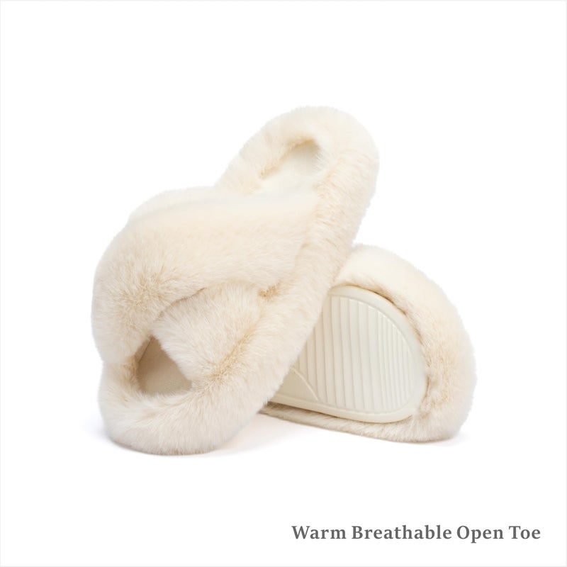 Chantomoo Women's Cross Slippers Memory Foam House Bedroom Slippers for Women Fuzzy Plush Comfy Faux Fur Lined Slide Shoes Anti-Skid Sole Trendy Gift Slippers Beige Size 9 10 8.5 - Image 5