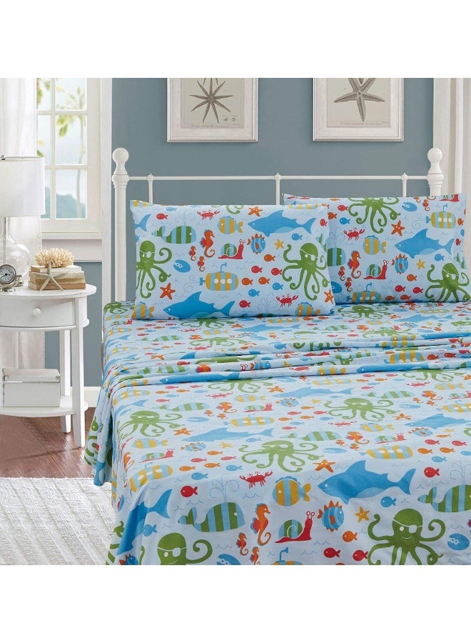 Kids Zone Home Linen Sheet Set Sea Life Octopus Crabs Fishes Whales Sharks Light Blue Green Red Orange New # Octopus (Queen)  - Image 1