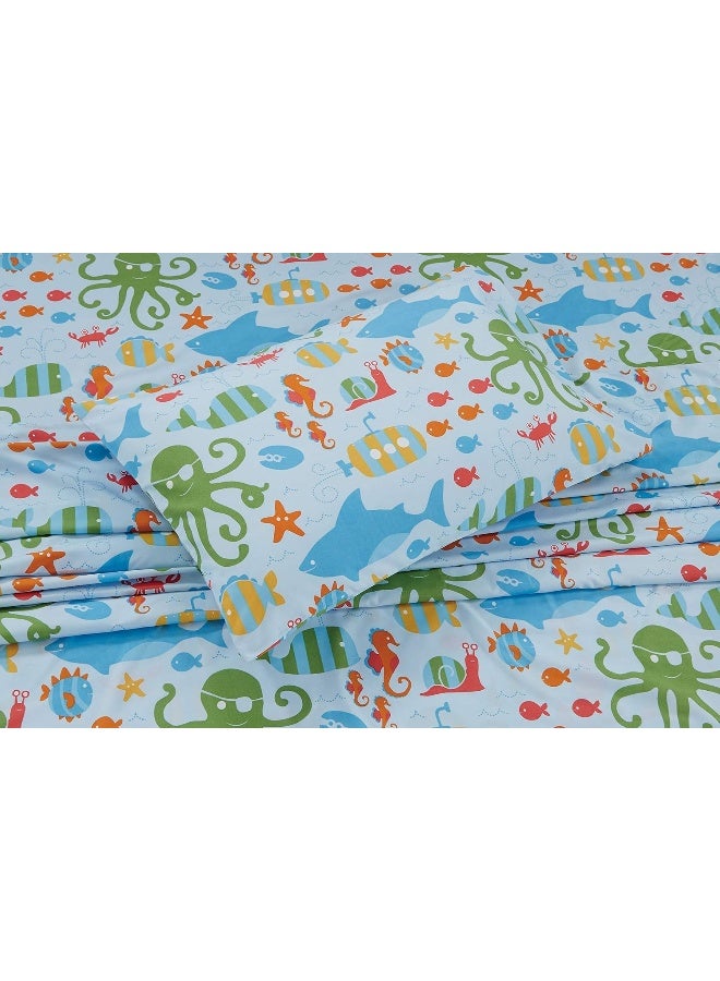 Kids Zone Home Linen Sheet Set Sea Life Octopus Crabs Fishes Whales Sharks Light Blue Green Red Orange New # Octopus (Queen)  - Image 2