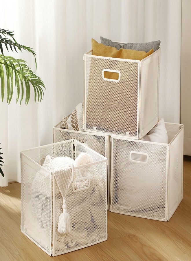 Funnymoom سلال تخزين معدنية مكعبة قابلة للطي من Funnymoom، قطعتان، مقاس 13x13، سلال سلكية للمطبخ، سلة تنظيم غسيل شبكية قابلة للتكديس بمقابض، مناسبة للأرفف وخزائن المطبخ وخزائن المؤن وخزائن الملابس (أبيض) - Image 5