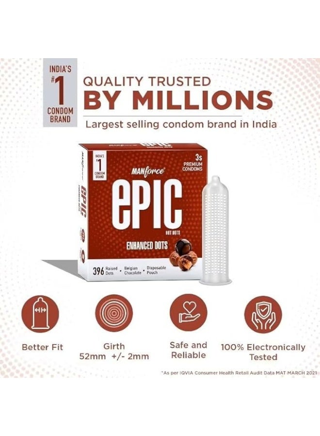 Manforce Epic Hot Dots | Enhanced Dots for Heightened Pleasure | Belgian Chocolate Flavour, 3 Pcs | With Disposable Pouch| Vegan | No Hard Chemicals| Super Thin| Lubricated Latex Condoms - Image 2