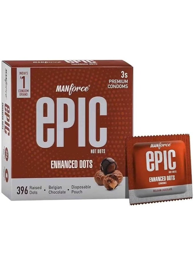 Manforce Epic Hot Dots | Enhanced Dots for Heightened Pleasure | Belgian Chocolate Flavour, 3 Pcs | With Disposable Pouch| Vegan | No Hard Chemicals| Super Thin| Lubricated Latex Condoms - Image 1