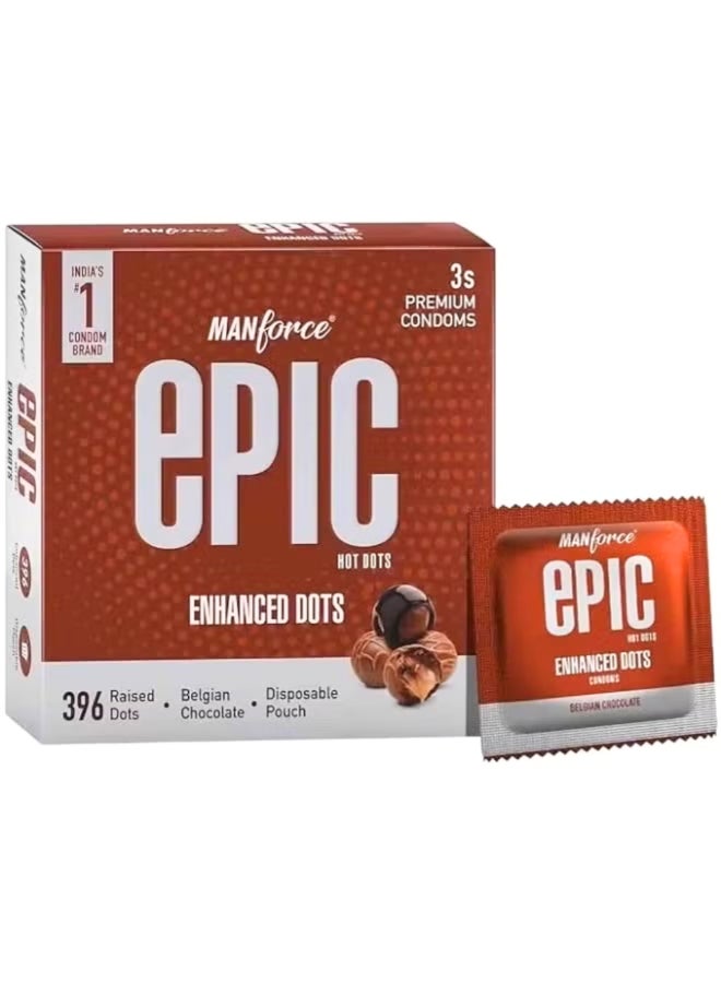 Manforce Epic Hot Dots | Enhanced Dots for Heightened Pleasure | Belgian Chocolate Flavour, 3 Pcs | With Disposable Pouch| Vegan | No Hard Chemicals| Super Thin| Lubricated Latex Condoms - Image 1