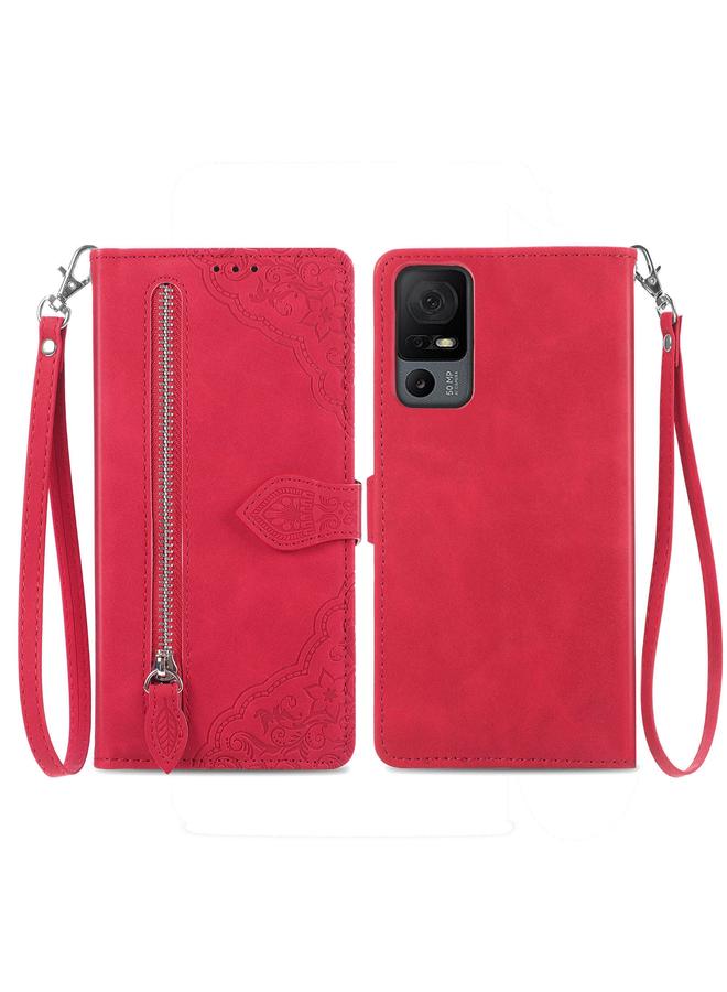 Green Tiger For TCL 40 XL Embossed Flower Zipper Leather Phone Case(Red)