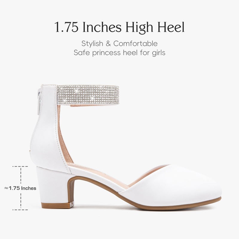 LAURMOSA White Dress Shoes for Girls High Heels for Kids Flower Girl Shoes Size 4 Rhinestone Heels Block Heel Ankle Strap Fancy Pumps for Big Kid Wedding Party First Communion Church (L1053PULWhite 4) - Image 5
