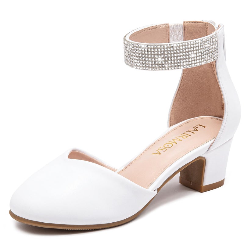 LAURMOSA White Dress Shoes for Girls High Heels for Kids Flower Girl Shoes Size 4 Rhinestone Heels Block Heel Ankle Strap Fancy Pumps for Big Kid Wedding Party First Communion Church (L1053PULWhite 4) - Image 1