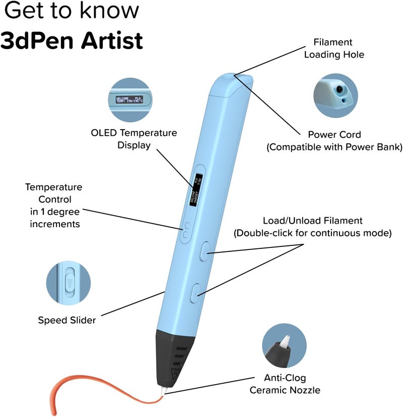 myFirst 3D Pen Artist 3D Printing Pen for Kids & Teens | Adjustable Temperature, OLED Display, Biodegradable PLA Filament Included (6 Colors), Safe Creative Tool for Art, STEM & DIY Projects - Blue - Image 2