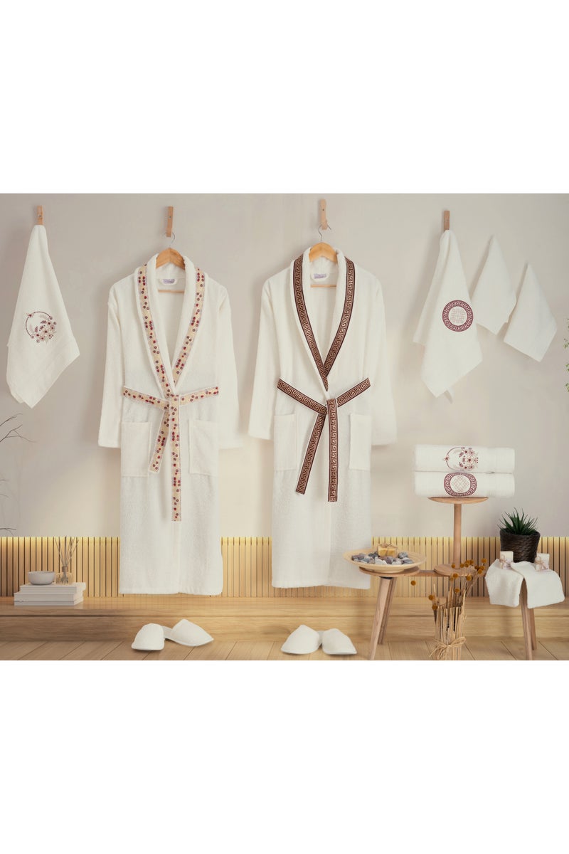 nurpak 16-Piece Premium Family Bathrobe Set 100% Turkish Cotton Luxury Robe & Towel Gift Set for Couples Includes 3 Size Towels, Slippers, Wash Gloves & Soap Maroon/Off White  - Image 1