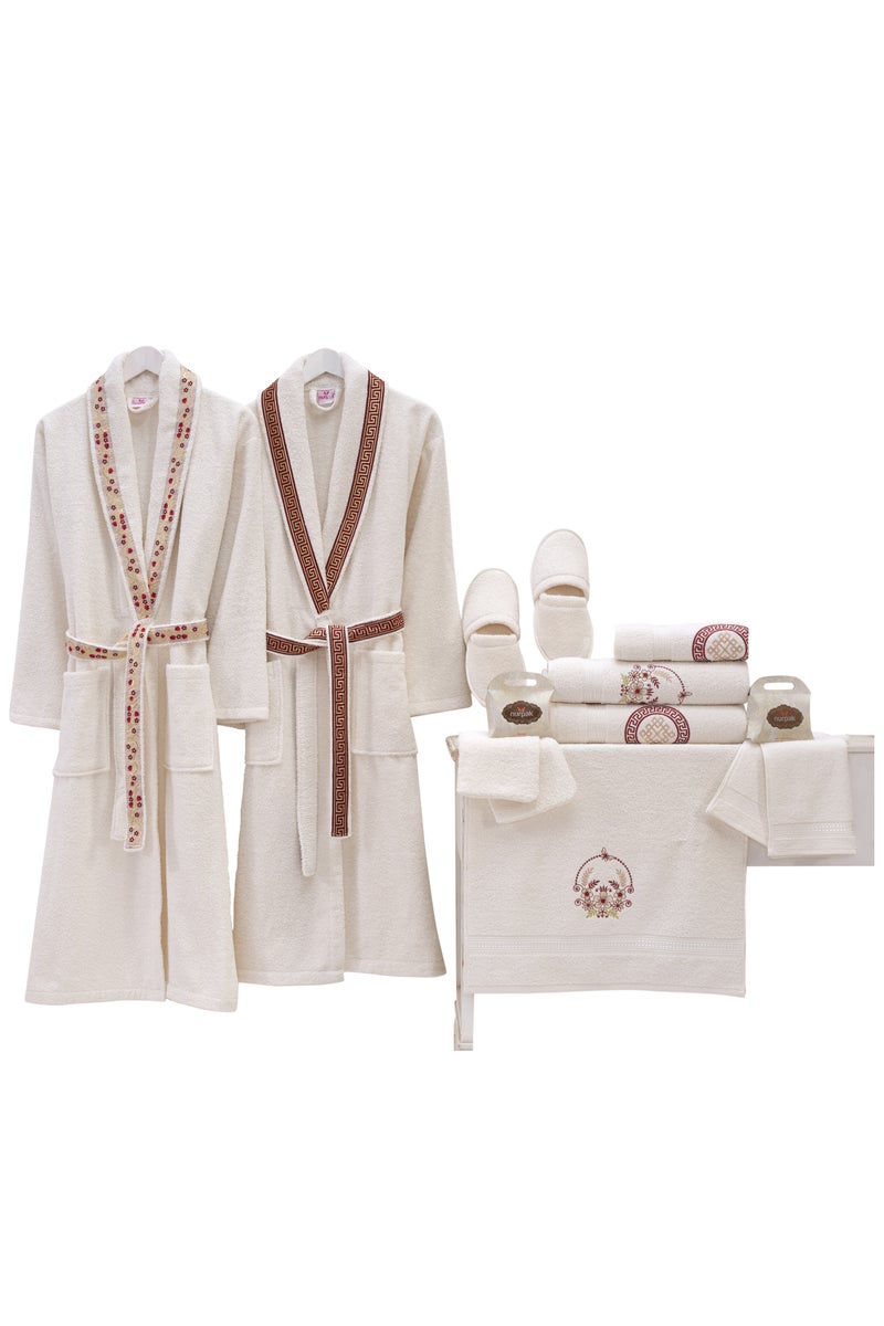 nurpak 16-Piece Premium Family Bathrobe Set 100% Turkish Cotton Luxury Robe & Towel Gift Set for Couples Includes 3 Size Towels, Slippers, Wash Gloves & Soap Maroon/Off White  - Image 2