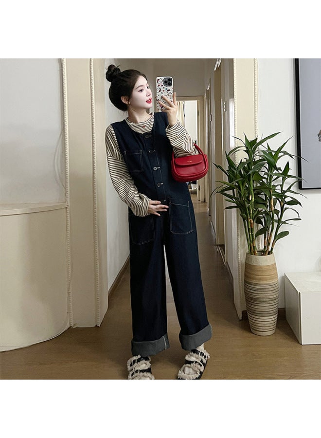 Pregnant Women's Denim Suspender Pants 2024 Spring And Autumn New Korean Style Loose Plus Size Sleeveless Jumpsuit + Striped Bottoming Shirt