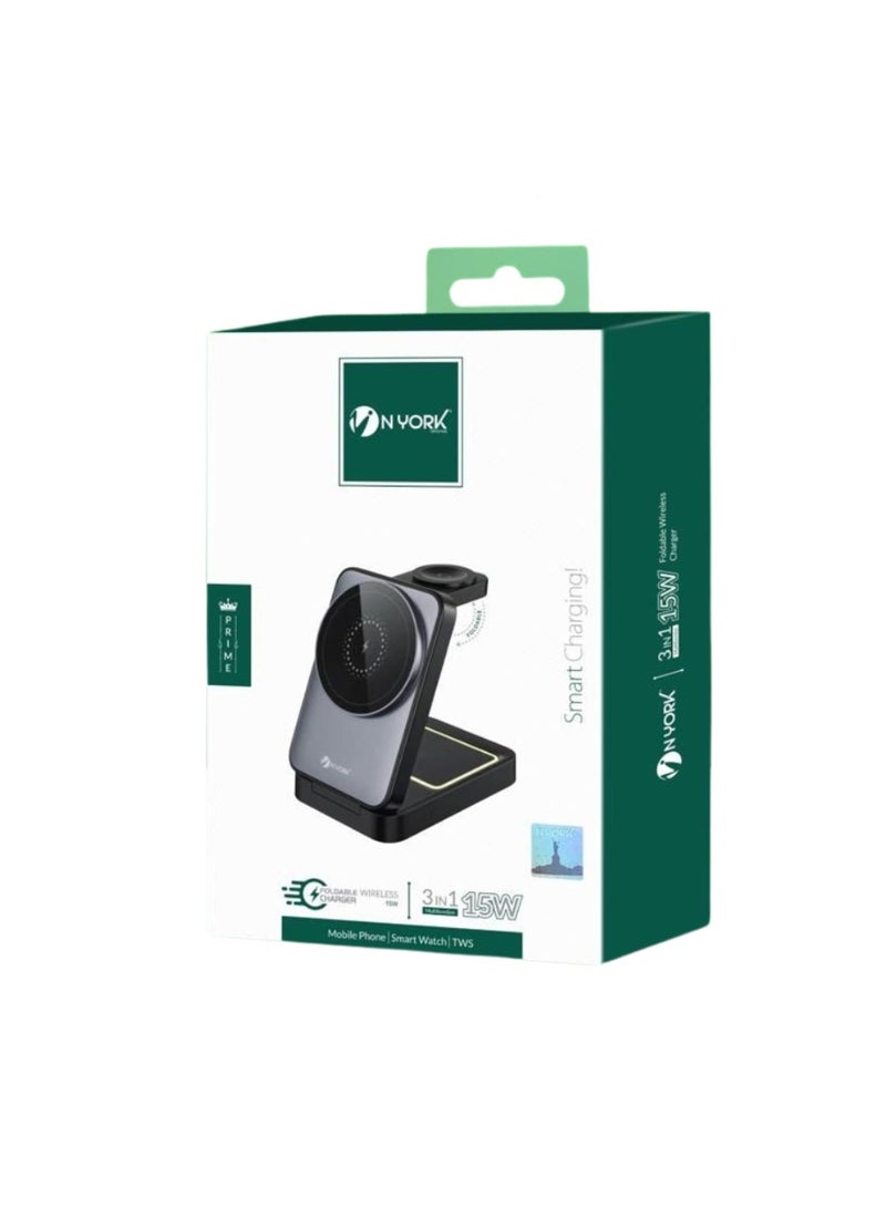 NYORK N YORK 3-in-1 Foldable Wireless Charger – 15W Fast Charging Dock | For Mobile Phones, Smart Watches & TWS Earbuds | Prime Series (Model: HC640) - Image 1