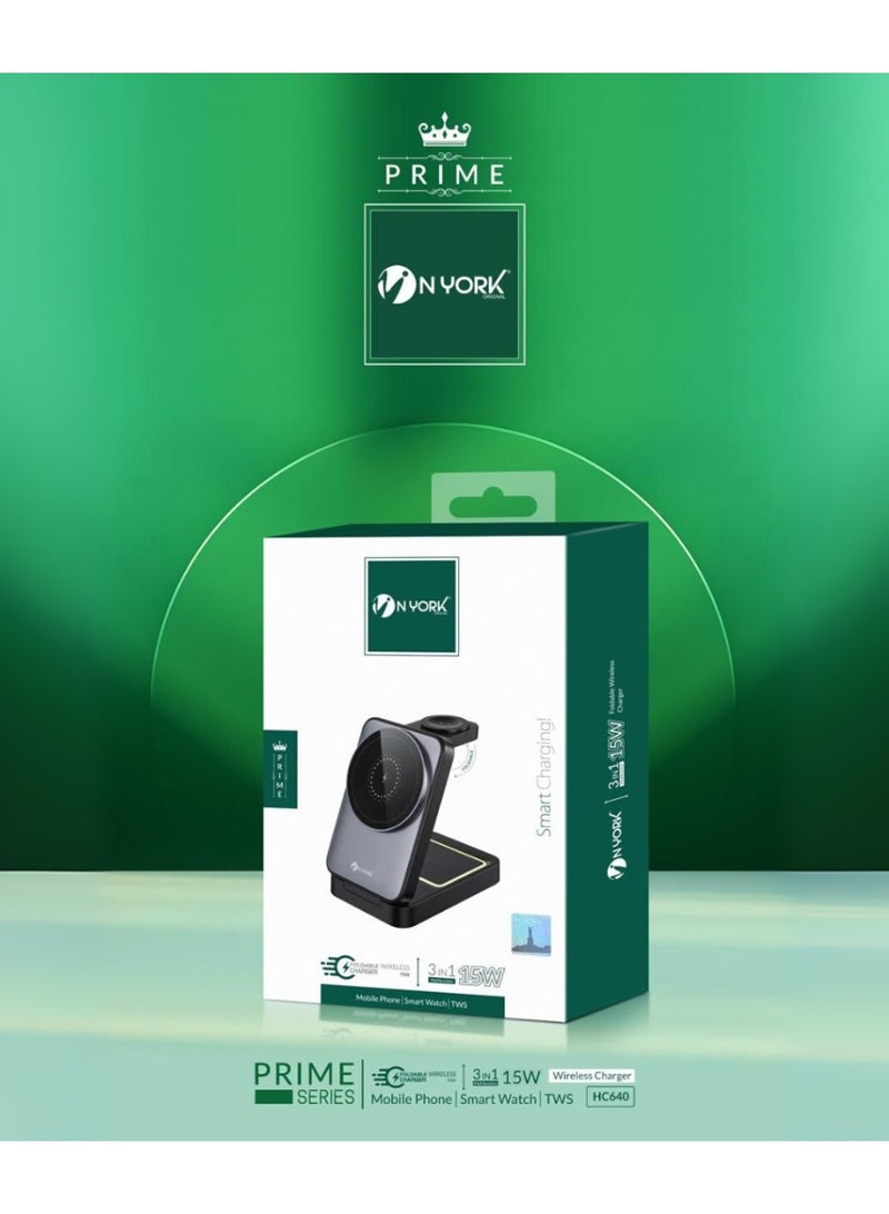 NYORK N YORK 3-in-1 Foldable Wireless Charger – 15W Fast Charging Dock | For Mobile Phones, Smart Watches & TWS Earbuds | Prime Series (Model: HC640) - Image 2