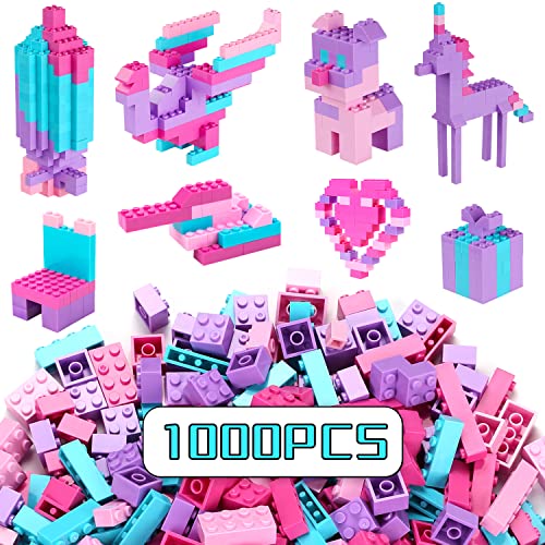 Reenwee Building Bricks SetClassic Colors Building Blocks ToysCompatible with All Major BrandsBirthday Gift for Kids PinkPurple 1000PCS - Image 1