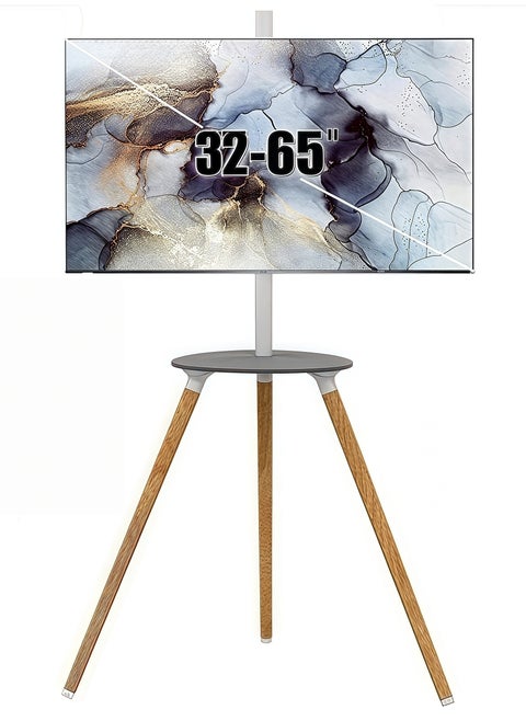 Floor TV Screen Stand with Tripod Base for 32-65" Screens | 45KG Capacity | 180° Swivel & Height Adjustment | Hidden Cable | Storage Tray | Modern Exhibition-Style Design