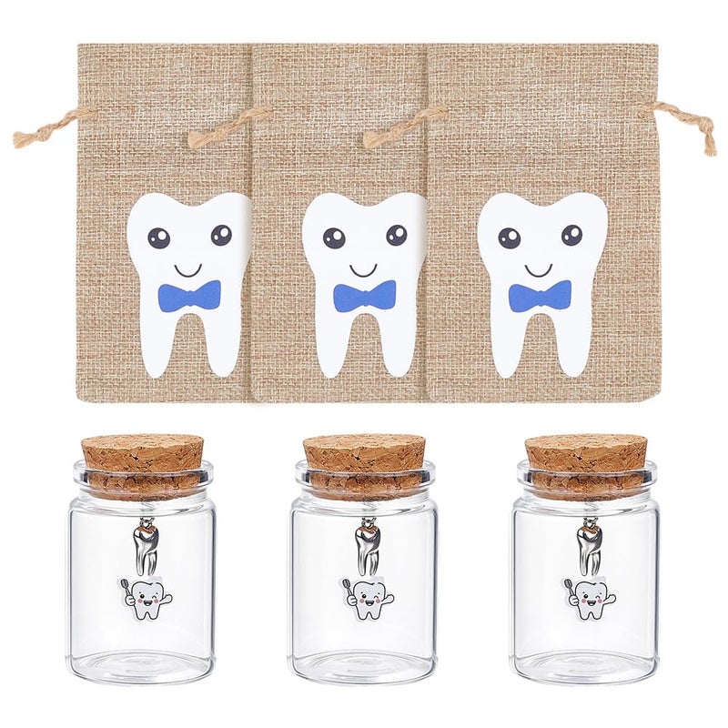 NBEADS 3 Pcs 2.17inch Tooth Storage Glass Bottles, Glass Bottles with Cork First Tooth Glass Keepsake with 3 Pcs Alloy Charms and Blue Fairy Tooth Bags for Keeping Memory - Image 1