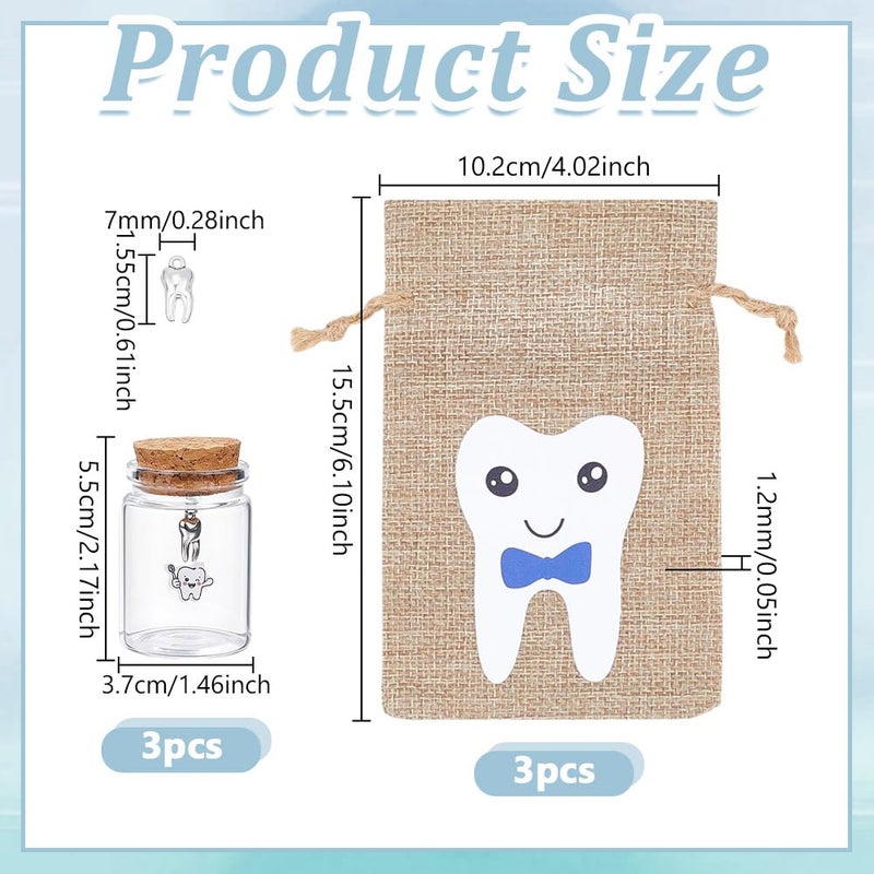 NBEADS 3 Pcs 2.17inch Tooth Storage Glass Bottles, Glass Bottles with Cork First Tooth Glass Keepsake with 3 Pcs Alloy Charms and Blue Fairy Tooth Bags for Keeping Memory - Image 2
